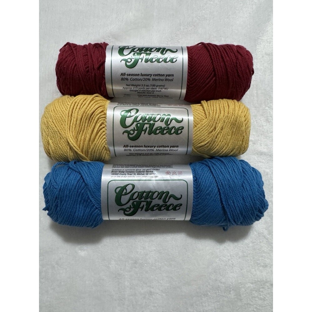 Brown Sheep Cotton Fleece Yarn 3 Skeins Merino Wool Luxury Blue Buttercream  Red